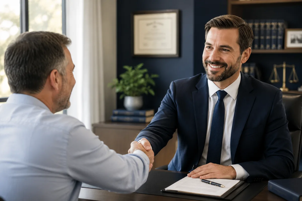 Attorney shaking hands with a client across a desk