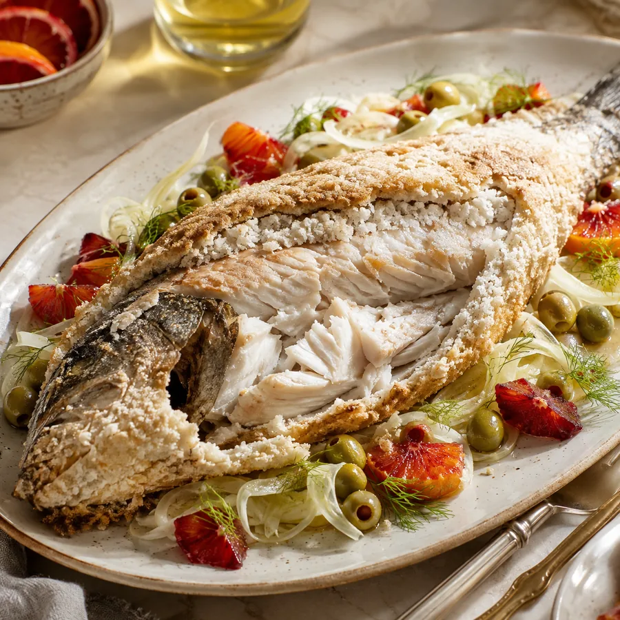 Salt baked branzino