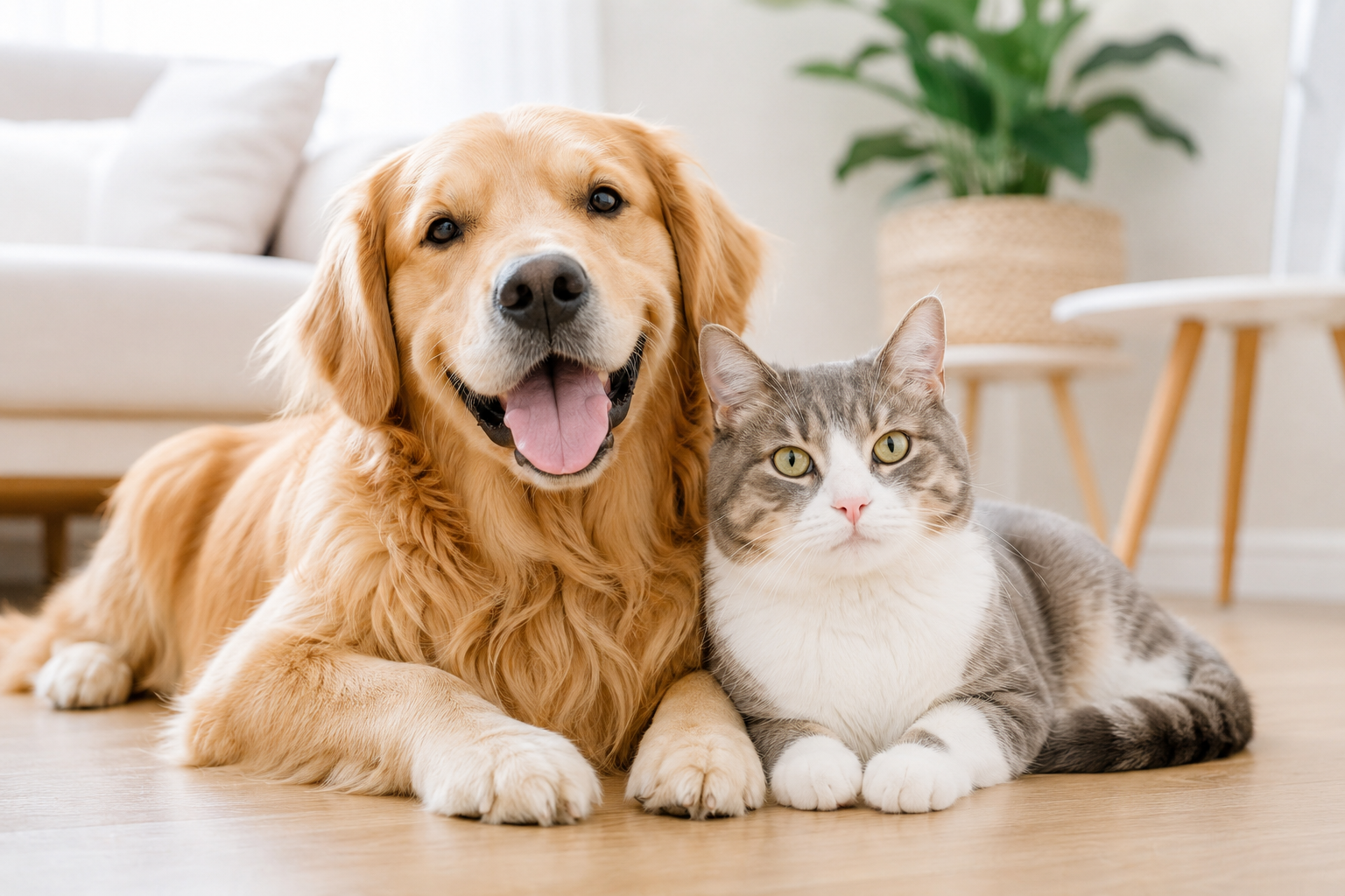 A golden retriever and a cat resting side by side at home
