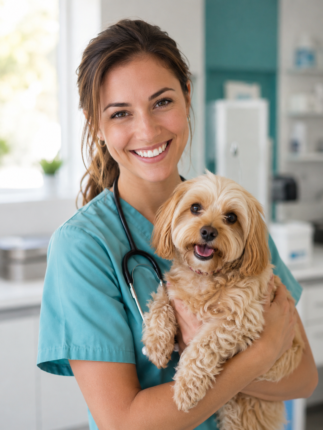 Veterinarian holding a happy dog