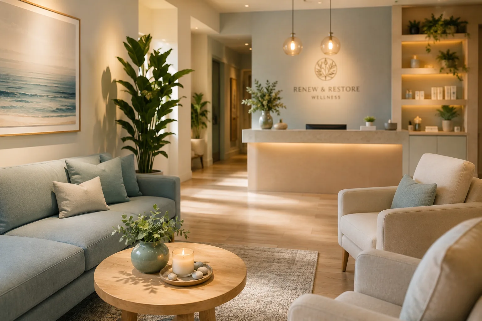 Quiet spa lounge with soft seating and warm light