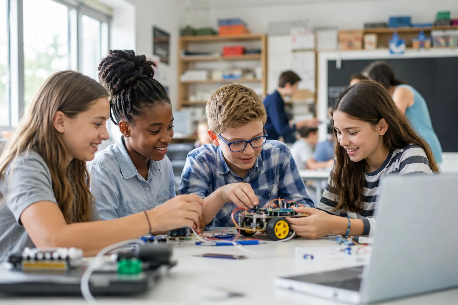 Middle school students building a robot together